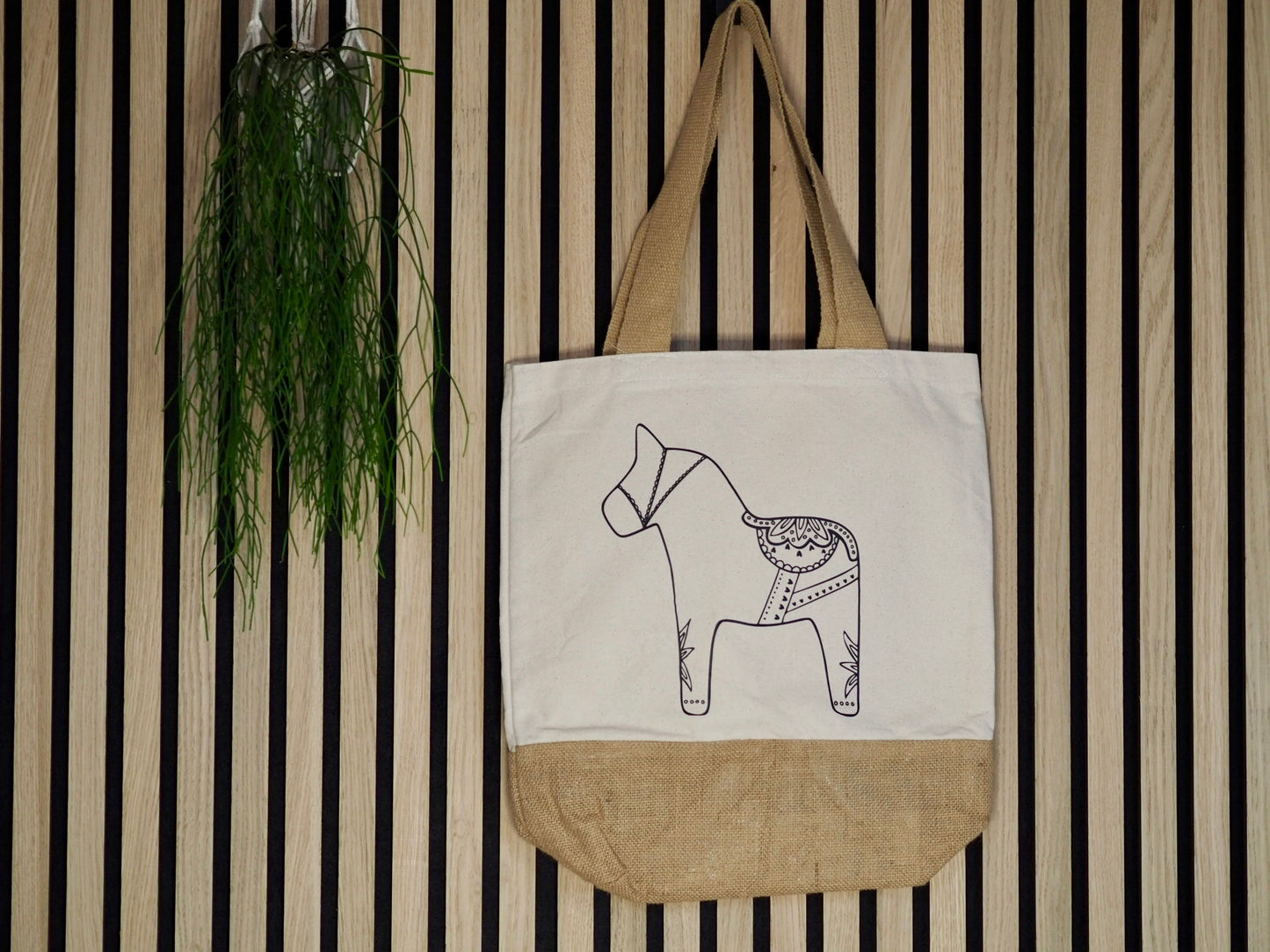 Stoffbeutel mit Dalapferd (beige/schwarz/Jute)